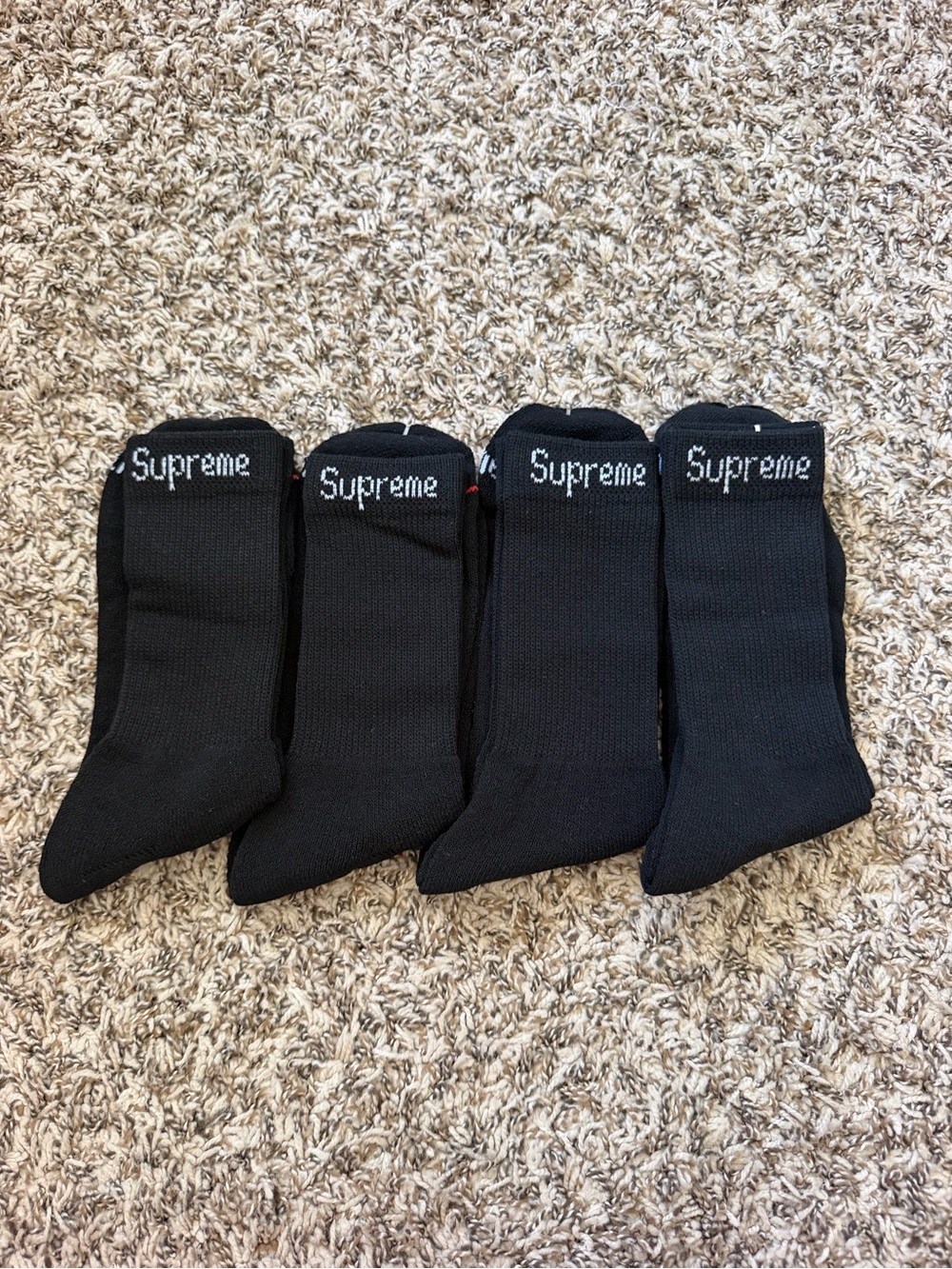 Supreme Black Crew Socks with White Logo – Set of 4